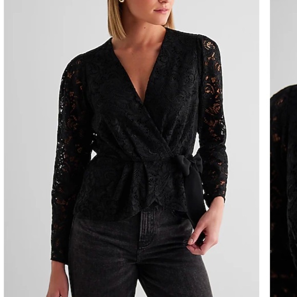 Express Lace V-Neck Long Sleeve Tie Waist Peplum Top - Picture 4 of 16